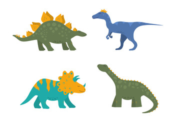 Funny cute dinosaur set with raptor, triceratops, stegosaurus and diplodocus for kids. Vector isolated dino stickers for prints.