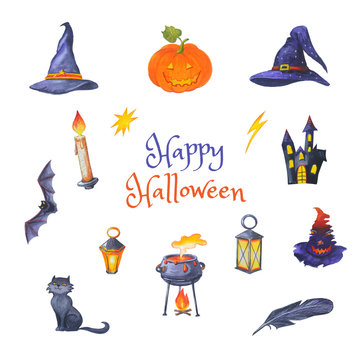 Jack O Lantern, witches hat, black cat, haunted house for Happy hallowen.