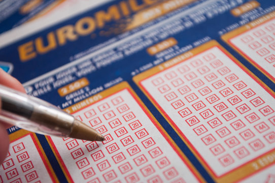 Mulhouse - France - 11 September 2019 - Closeup of pen choice numbers on french grids of euro millions lotto  from the society la francaise des jeux