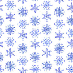 Christmas seamless pattern: blue christmas snowflakes on white background.