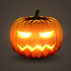 Halloween Pumpkin with glowing eyes on dark background.