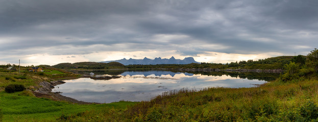panoramic view, scenery on island Heroy with mountain range seven sisters (syv søstre), Norway,Nordland