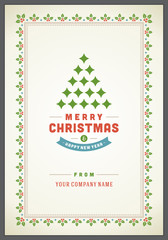 Christmas greeting card vintage typographic design, ornate decoration symbols with tree vector illustration.