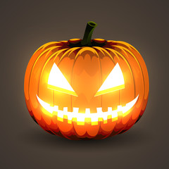 Halloween Pumpkin with glowing eyes on dark background.