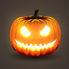 Halloween Pumpkin with glowing eyes on dark background.