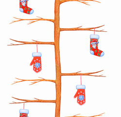 Materiał do szycia Seamless pattern: winter tree decorated with Christmas toys. Isolated on white. Watercolor illustration for design and decoration.