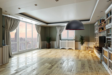 modern bright empty interior design, stone wall and large window with balcony. 3D rendering