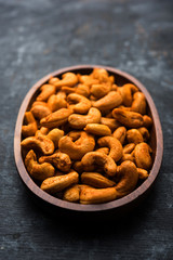 Masala Kaju or spicy Cashew in a bowl. Popular festival snack from India/asia, also known as Chakna recipe