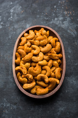 Masala Kaju or spicy Cashew in a bowl. Popular festival snack from India/asia, also known as Chakna recipe