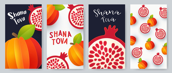 Rosh Hashanah Shana Tova Greeting cards Set. Design in minimalist modern style with symbols of the Jewish New Year, apple and pomegranate. Paper cut style. Template for advertising, web, social media