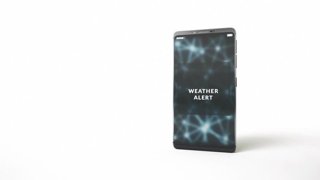 Weather alert message delivered, pop-up notification on a phone display screen. National weather service sent public warnings. Smartphone isolated on white background. 3d seamless loop animation.