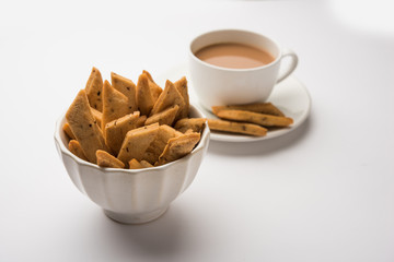 Namakpare or Salty Shakarpara/shakarpare or namkeen Shankarpali, popular diwali food or tea-time snack from Gujarat, India