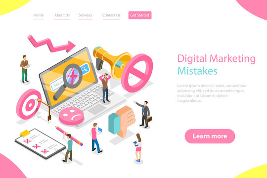 Isometric flat vector landing page template of digital marketing mistakes, wrong strategy, SEO errors.