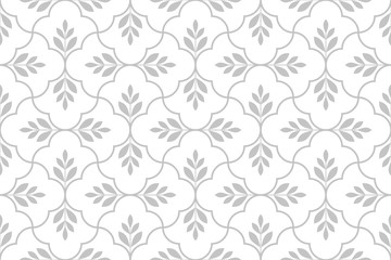 Flower geometric pattern. Seamless vector background. White and grey ornament. Ornament for fabric, wallpaper, packaging. Decorative print.