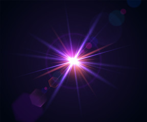 Lens flare of camera. Shining cinematic effect shooting against the sun. Sparkling light effects of flash with colorful twinkle. Beautiful glare effect with bokeh, glitter particles and rays