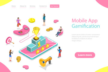 Fototapeta premium Isometric flat vector landing page template of interactive content for audience engaging, mobile app gamification, encouraging customers to earn rewards.