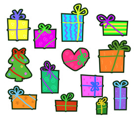 Collection of various gifts on a white background. Vector illustration. 