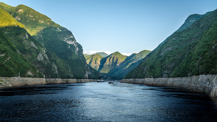 Wu gorge scenic view the second of the three gorges with Yangtze river view and boat in China