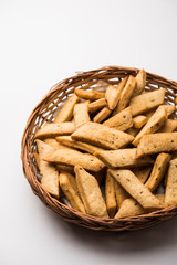 Namakpare or Salty Shakarpara/shakarpare or namkeen Shankarpali, popular diwali food or tea-time snack from Gujarat, India