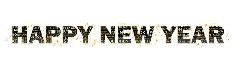 Obraz premium HAPPY NEW YEAR black and gold word cloud typography banner with translations in many languages