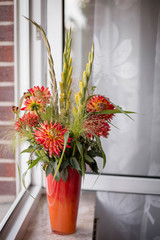  Bouquet of dahlias and gladioli in a vase on the window