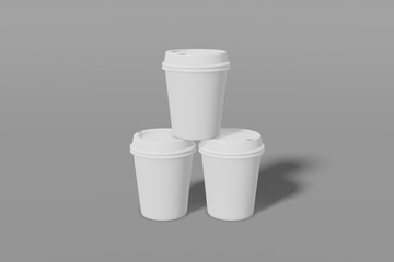 Set of three paper cup mockup with a lid stand in the shape of a pyramid on a grey background. 3D rendering