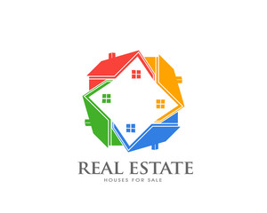 Real Estate Group of Houses. Colorful houses in circle. Real Estate Logo search of properties. Network of houses concept