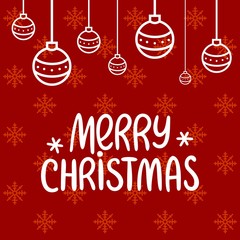 Merry Christmas greeting card with handwritten text on red background with a lot of snowflakes and xmas tree toys. EPS10 vector