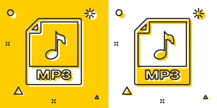 Black MP3 file document. Download mp3 button icon isolated on yellow and white background. Mp3 music format sign. MP3 file symbol. Random dynamic shapes. Vector Illustration