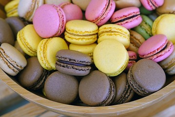 Bowl of colorful macaron cookies