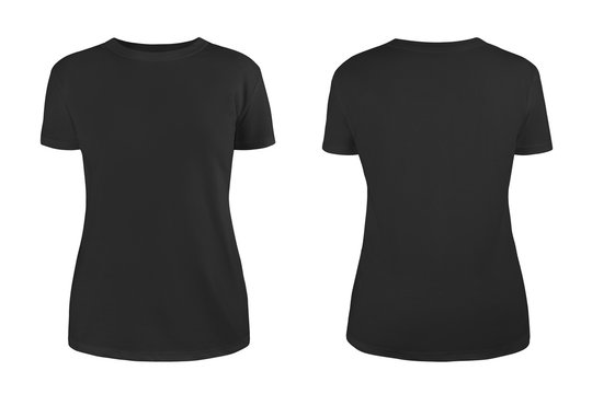 Women's black blank T-shirt template,from two sides, natural shape on invisible mannequin, for your design mockup for print, isolated on white background..