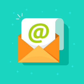 Email icon vector symbol, flat cartoon open envelope with e-mail sign, internet or electronic mail document isolated image