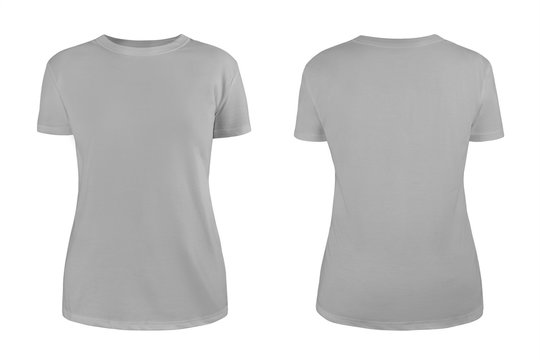 Women's grey blank T-shirt template,from two sides, natural shape on invisible mannequin, for your design mockup for print, isolated on white background..