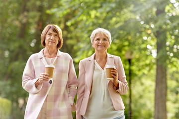 Fototapeta premium old age, retirement and people concept - two senior women or friends drinking coffee at summer park