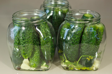 preservation of vegetables , glass jar with pickled cucumbers