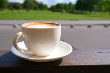 Cappuccino in white cup on sunlight at cafe. Copyspace. Bewerages, coffee lovers and morning menu concept. Nature background