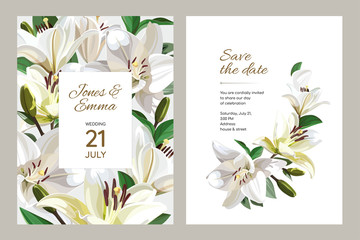 Floral wedding invitation card template design. Light Lilies on white background.