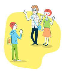 笑顔で国際交流をする若い男女　３人