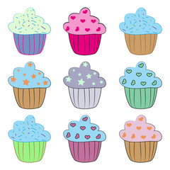 Set of cupcakes and muffins collection, illustration ghrapics vector.