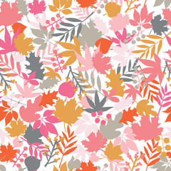 Autumn abstract doodle leaves background. Scandinavian style seamless vector pattern. Pink gold blue orange gray leaf illustration. Use for fall decoration, Thanksgiving card, fabric, kids textiles
