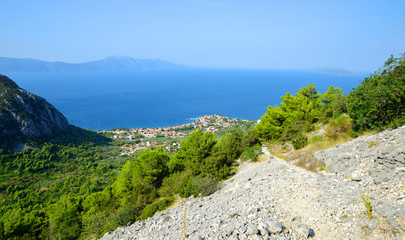View on town Gradac and the coast of Adriatic sea from the Rilic mountain. Riviera Makarska, South Dalmatia, Croatia.