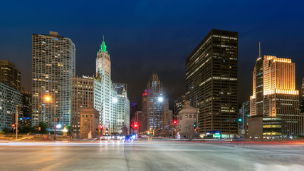 Fototapeta na wymiar Panoramic view of Chicago Downtown at night, Michigan Avenue, Chicago, Illinois, USA.