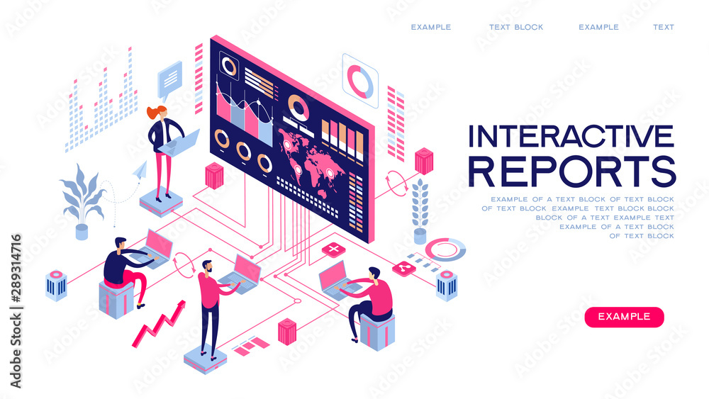 Poster interactive reports web banner. people interacting with analyzing statistics and charts. workflow an