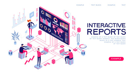 Obraz premium interactive reports web banner. People interacting with analyzing statistics and charts. Workflow and business management. 3D vector isometric illustration.
