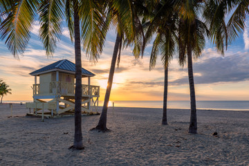 Palm trees at sunrise and life guard tower on Miami Beach, Florida.