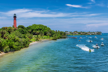 Beautiful view of the West Palm Beach County and Jupiter lighthouse at sunny summer day, Florida