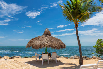 Beach chairs under umbrella and palm trees on a tropical beach in Florida Keys.