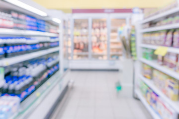 Abstract blurred Supermarket aisle with colourful products on display shelves as background.