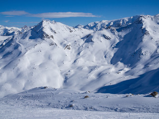 France, january 2018: Mountains with snow in winter. Meribel Ski Resort, Meribel Village Center (1450 m)