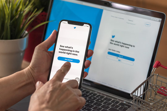 BANGKOK, THAILAND - December 29, 2018: Twitter Social Media Blog Search App Logo On Log-in, Sign-up Registration Page On Mobile App Screen On IPhone Smart Devices In Business Blogger’s Hand At Work